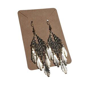 Gold Tone Tiered Dangle Earrings Lightweight Metal Hook Unique Textured Fan Desi